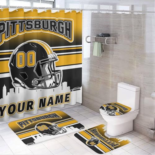 Custom 4PCS Pittsburgh Shower Curtain Set for Bathroom Personalized Name and Number Shower Curtain Bath Mat Toilet Mats for Women Men Teenager Boys 72 Inch X 72 Inch
