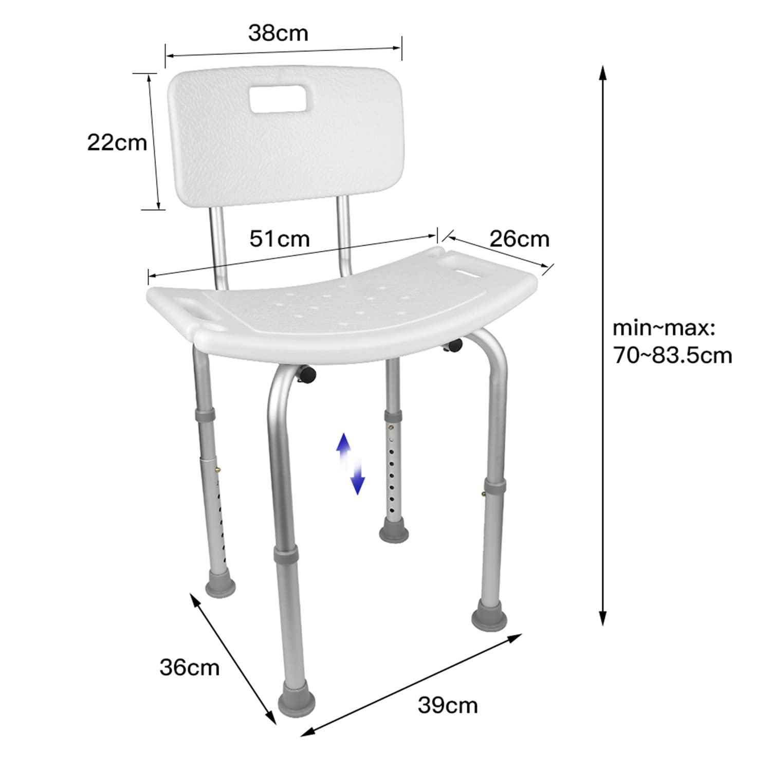 Silla de ducha, Mod. Olivo, marca europea, asiento de ducha, para personas mayores y discapacitadas, ayuda a la inodoro, regulable en altura, respaldo (51 x 26 x 70 - 83,5 cm)