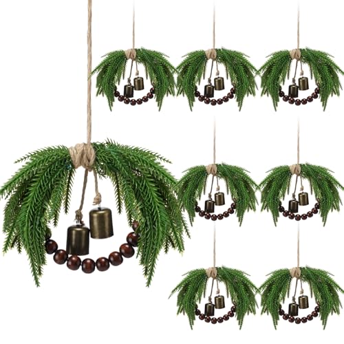Dingion 8 Pcs 8.6 in Mini Norfolk Pine Christmas Cabinet Wreath with Bell