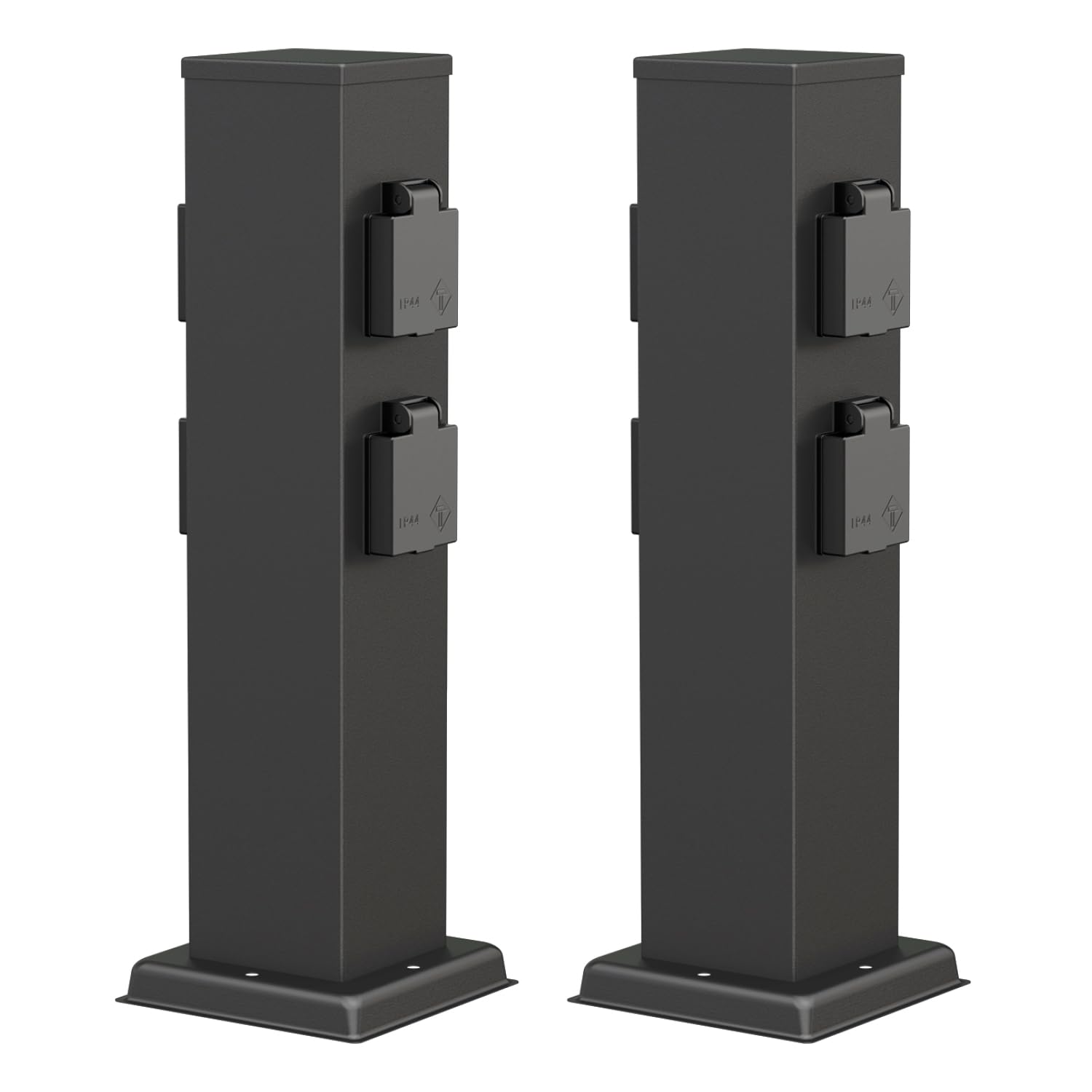 ledscom.de 2X Garten Steckdosensäule Polly für außen, IP44, 4-Fach, Edelstahl, schwarz, eckig, 40 cm