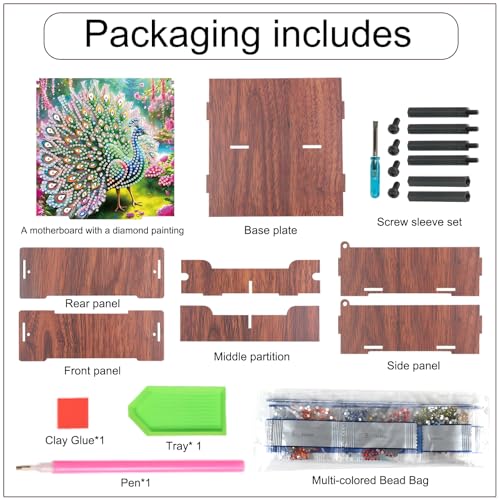 Image of DIY Diamond Art Storage Box, Peacock Design Wooden Diamond Painting Organizer with Flip-Top Lid and 4 Divided Compartments, for Craft, Jewelry, and Desktop Storage, Table Decoration Gift Accessories