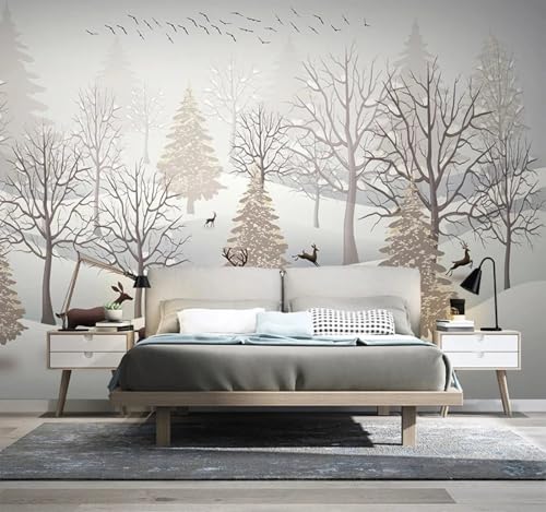 Tzxztt Bosque Tridimensional Alce Pájaros Volando Escena Nevada Papel Pintado 3D Seda Texturizada Primera Calidad Neutros Material Ideal Para SalóN Dormitorio-430cm×300cm