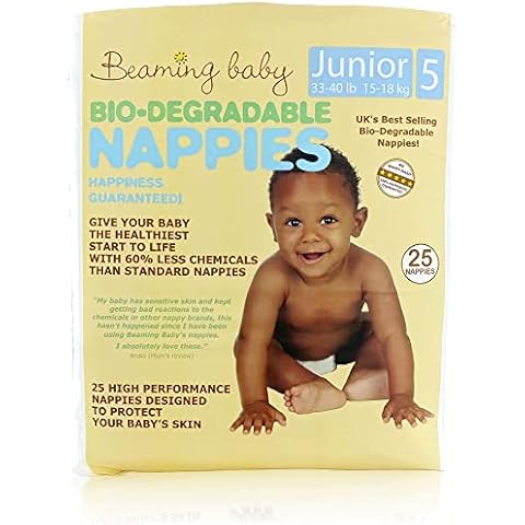 Beaming Baby Biodegradable Eco Nappies Size 5 (15-19kg / 33-44 lb) - 25 Nappies. Hypoallergenic, Eco-Friendly, Naturally Breathable. Premium Performance Nappies Cover