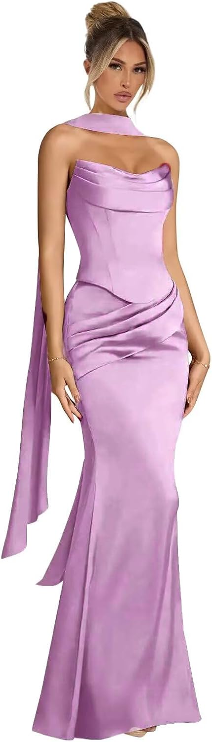 Everlong Strapless Bridesmaid Dresses 2025 Long Mermaid Satin Pleated Formal Party Gowns with Scarf EL018