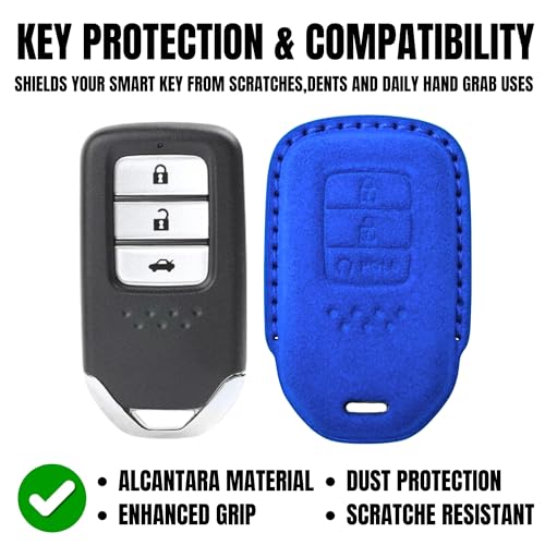 Image of KMH Alcantara Car Key Cover Compatible with Honda City, Civic, Jazz, Amaze, CR-V, WR-V, BR-V Models 3 Buttons Shell Case Holder Full Key Protector Smart Keycover (D2) Blue - Pack of 1