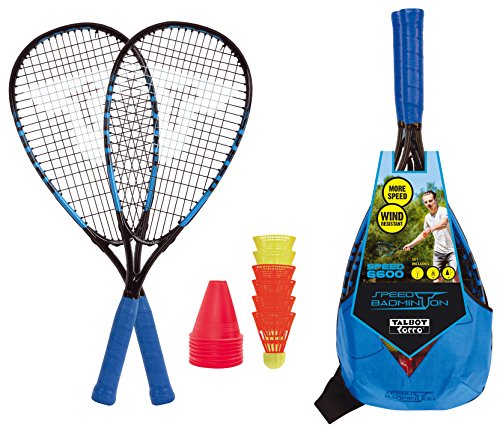 Talbot-Torro Speed-Badminton Set Speed 6600, tolles Komplettset, 2 kraftvolle Alu-Rackets 58,5cm, 6 windstabile Bälle, Cones zur Spielfeldmarkierung, im trendigen Rucksack, cyanblau-schwarz, 490116
