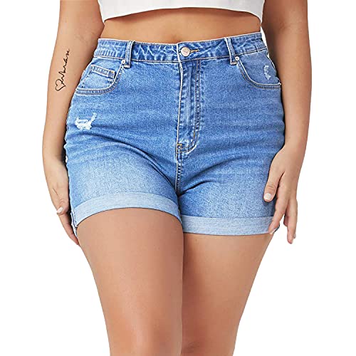 Tulucky Women Plus Size Jean Shorts High Waist Cute Distressed Ripped Folded Hem Denim Shorts