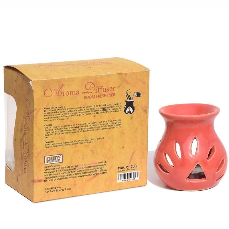 Image of Pure Source India Ceramic Aroma Oil Diffuser Gift Set with 10ML Relaxing Oil & Tealight Candles | 97 Burner for Home Fragrance & Relaxation | Ideal for Gifting & Home Decor (Red)
