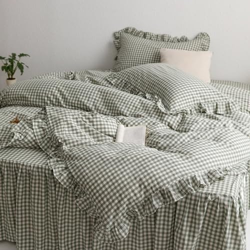 Image of MKXI Sage Green Gingham Duvet Cover Full, 3-Piece Ruffled Bedding Set - 100% Washed Cotton, Breathable Lightweight Fabric - Farmhouse Boho Chic Style Comforter Cover