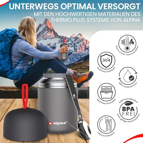Foto von alpina Thermobehälter für Essen - SPÜLMASCHINENFESTER Thermo Becher 530ml mit Druckausgleich und faltbarem Löffel - Hält extra lange warm und kalt Edelstahl Thermobecher BPA frei (530, Oval, 1, 20079)