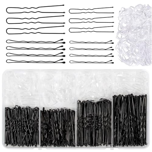 370 Pièces Epingle Cheveux Femme, Métal épingle à Cheveux, 5cm 6cm 7cm U Pince a Chignon Pinces à Cheveux, pouce Bandes de Cheveux Transparentes, avec Boîte de Rangement - Noir