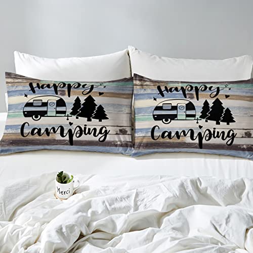 Happy Camping Bedding Set Farmhouse Brown Blue Wood Barn Comforter Cover Set for Kids Teens Bedroom Decor RV Camper Travelling Duvet Cover Microfiber Breathable Bedspread Double Size - Image 4