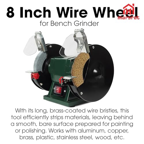 Image of 8 Inch Wire Wheel for Bench Grinder, Crimped Steel Brass Coated Brush with 1 /2 inch 5 /8 inch 3 /4 inch 7 /8 inch 1 inch Arbors, Round Grinding Accessories for Paint Rust Removal Deburring Descaling Finishing Polishing