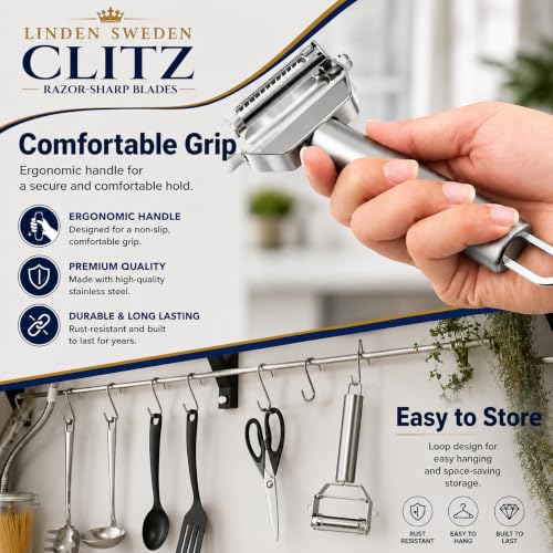 Image of Linden Sweden CLITZ 2 in 1 Stainless Steel Vegetable Peeler & Julienne Slicer with Cleaning Brush