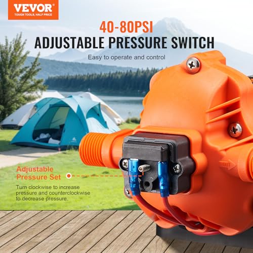 Image of VEVOR 12V Diaphragm Pump, 3 GPM (11.36 L /min), 3-Chamber 12 Volt DC Water Pump with Automatic Pressure Switch 40-100 PSI Adjustable, 50 PSI, 1 /2'' MNPT Port, for RV Yacht Food Truck Camper Marine
