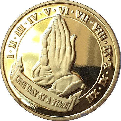 Bright Star PressOne Day at A Time Praying Hands 22k Gold Plated AA Alcoholics Anonymous Medallion Sobriety Chip Years 1 2 3 4 5 6 7 8 9 10 11 12 Year 1-12