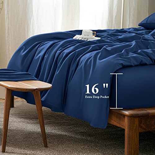 Lbro2M 100% Egyptian Cotton 1000 Thread Count California King Size Sheets Set,Bed Sheet 4 Piece Sets,16 Inches Deep Pocket,Bedding Super Soft Breathable,Sateen Weave Long Staple,All Season,Navy Blue #TOP5