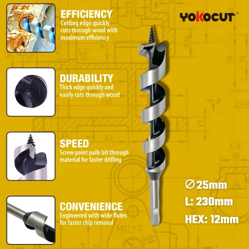 YOKOCUT Auger Drill Bit For Wood, Hex Shank Ship Auger Long Drill Bit For Soft & Hard Wood, Plastic, Drywall (25mm x 230mm) 2 YOKOCUT Auger Drill Bit For Wood, Hex Shank Ship Auger Long Drill Bit For Soft & Hard Wood, Plastic, Drywall (25mm x 230mm) - Image 2