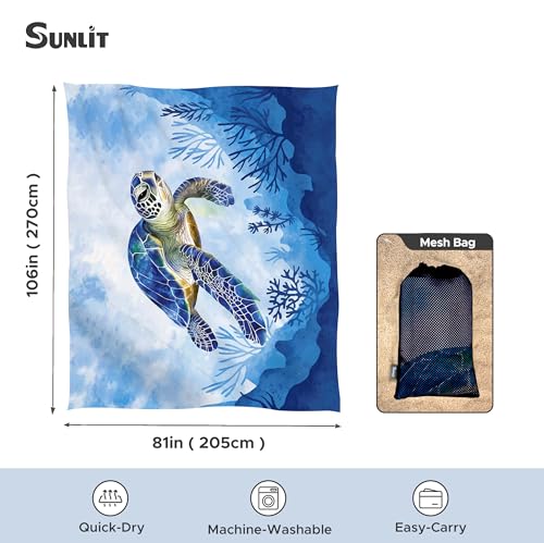 Image of Sunlit Silky Soft 81 inchx106 inch Sand Proof Beach Blanket Sand Proof Mat with Corner Pockets and Fashion Mesh Bag for Beach Party, Travel, Camping and Outdoor Music Festival, Blue Turtle and Coral
