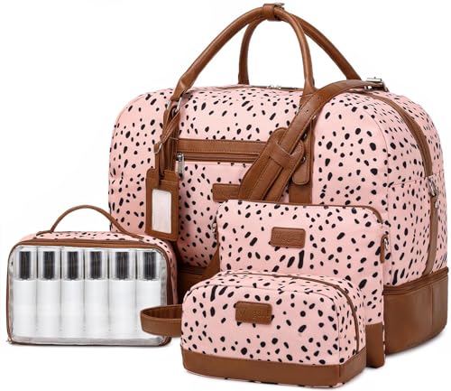 Wogarl 4PCS Weekender Bags for Women Large Overnight Bag Weekend Travel Duffel Bag Carry on Shoulder with Shoe Compartment Canvas Toiletry Bag for Travel Business Gym(Pink Black Dot-FH)