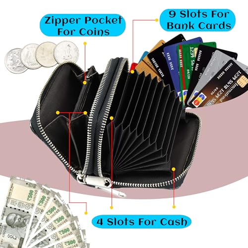 Image of Storite 9 Slot RFID Dual Zipper Wallet PU Leather Credit Debit Card Holder Wallet Money Zipper Coin Purse for Girls & Women - (Grey /Black-8 x11 x 4 cm)