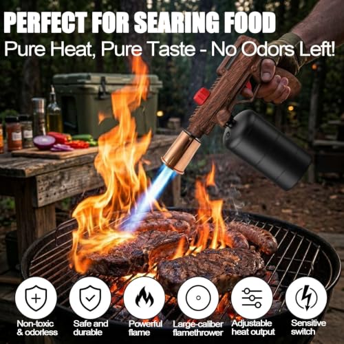 Image of Powerful Propane Torch Gun, Adjustable Flame Kitchen Blow Torch for Cooking, Searing Steak, BBQ, Campfire, Charcoal Lighter (Tank Not Included) - Wood