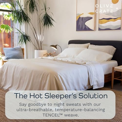 Image of Olive + Crate Tencel Lyocell Eucalyptus Queen Size Sheet Set - Cooling Tencel Sheets for Hot Sleepers with 18 Inch Deep Pocket Fit - Beige 4-Piece Set