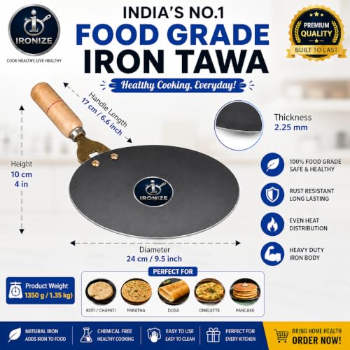 Image of IRONIZE Pure Iron Roti Tawa with Wooden Handle | Heavy Duty Chemical-Free Iron Cookware | Even Heat Distribution | Ideal for Roti, Chapati, Paratha, Dosa & Omelette | Available in 1kg to 2kg (1.35 kg)