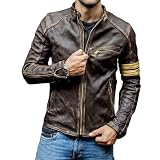 Men's Vintage Cafe Racer Golden Stripes Distressed Brown Leather Jacket Motorcycle Vintage Leather Jacket For Men (US, Alpha, 3X-Large, Regular, Regular, Brown)