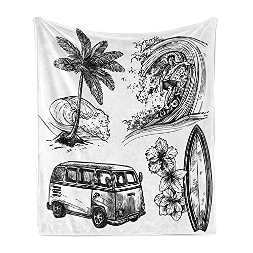 Ambesonne Surf Throw Blanket, Surfing Sport Surfboard Beach Van Sketch Style Monochromic Illustration, Flannel Fleece Accent Piece Soft Couch Cover for Adults, 60 x 80 , Black White