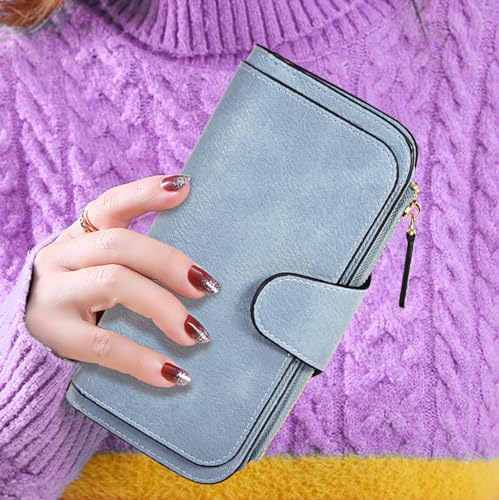 RFID Blocking Genuine Leather Wallet for Women with Leaf Pendant Card Holder & Zipper Coin Purse (Blue)4