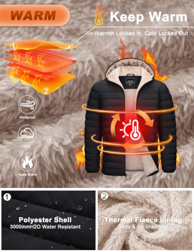 Image of Cotrasen Mens Puffer Jacket Sherpa Lined Water Resistant Hooded Full Zip Mid-Weight Warm Insulated Winter Coat