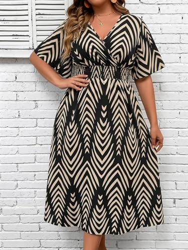 Image of Floerns Women's Plus Size Boho Hawaiian Tropical Dresses V Neck Short Sleeve Floral A Line Long Dress Vacation Beach Outfits