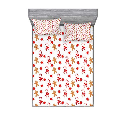 Ambesonne Gingerbread Man Fitted Sheet & Pillow Sham Set, Candy Cane Bowties Red Star Christmas Cookie Pattern, Decorative Printed 3 Piece Bedding Decor Set, Full, Sand Brown Orange