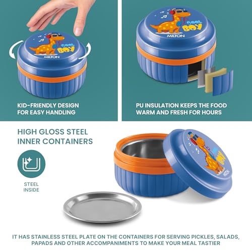 Image of MILTON Bestie Tiffin Big Plastic Insulated Tiffin Box with Steel Partition Plate, 315 ml, Dark Blue (Cool Boy Print)| BPA Free | Food Grade | PU Insulated | Kids Lunch Box