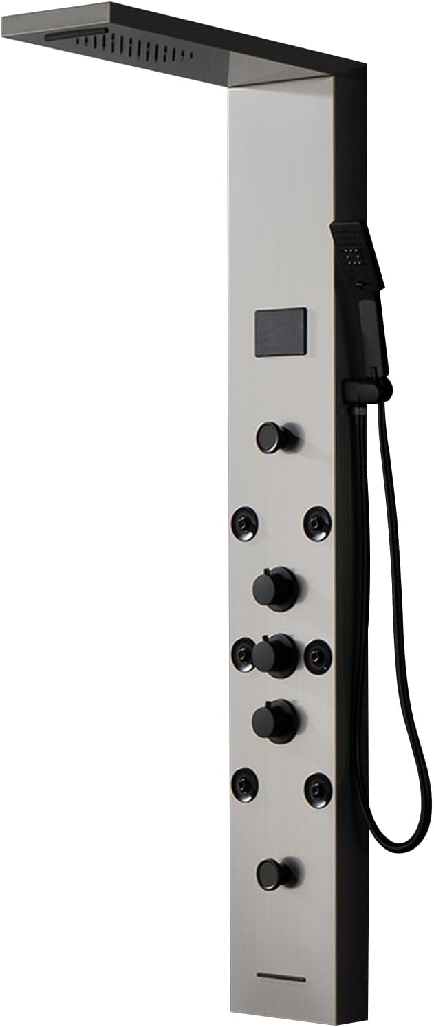 Shower Panel Tower System with LED Light & LCD Temperature Display，5 IN 1 Function Bathroom Shower Tower System Rainfall Massage Wall Mounted, Silver