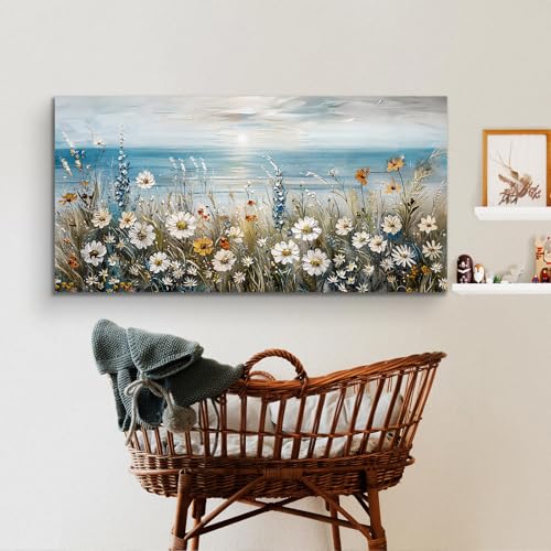 SERIMINO Large Wall Art for Living Room, Coastal Landscape Wall Decor, Beach Daisy Canvas Prints Farmhouse Decor, Wildflowers Bathroom Pictures Home Decor Aesthetic, Dining Room Kitchen Artwork 30"X60"