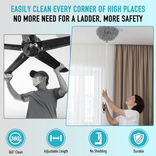 Image of Ceiling Fan Cleaner Duster High Ceiling Extended Fan Blade Cleaner Reusable Microfiber Ceiling Fan Blade Cleaner Removable Duster Adjusts 13 to 55 Inch for Cleaning Walls Cobweb Door Window Top (Gray)