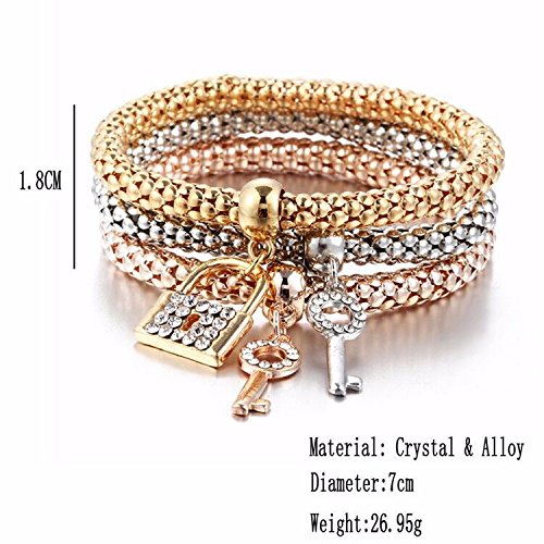 3Pcs/Set Multilayer Stretch Bracelet Butterfly Heart Key Lock Crown Charms Bangles Bracelet Crystal Charms Bracelet Gold/Silver/Rose Gold Corn Chain Multilayer Bracelets for Women2