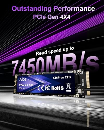 Image of Aiibe 2TB Internal SSD M.2 2280 NVMe Internal Solid State Drive 2TB PCIe 4.0 Read up to 7450MB /s Gaming SSD Upgrade Storage for Laptop, Desktop, X16Plus