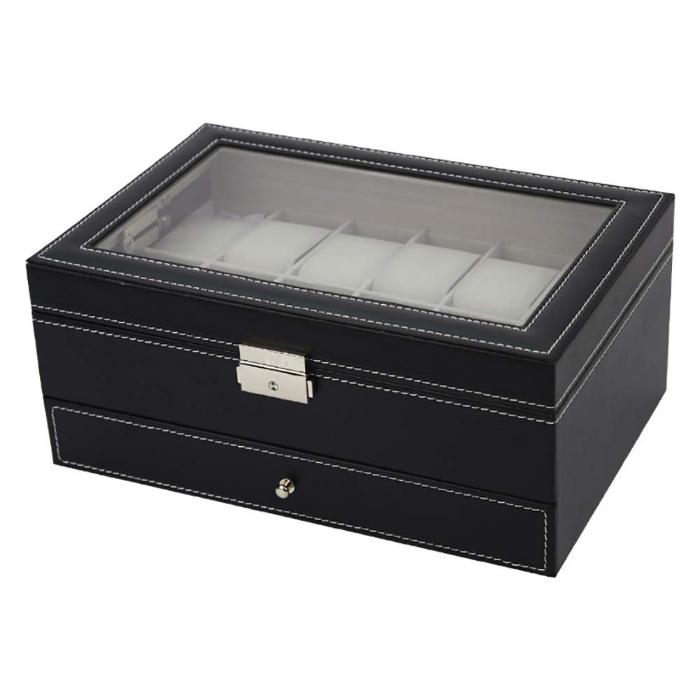 Pudełko na zegarek ze skóry PU, etui na zegarek, organizer, pudełko na biżuterię, gablota, szuflada, szklana pokrywa, schowek na kolczyki, unisex, czarne, 12x8x5 cali