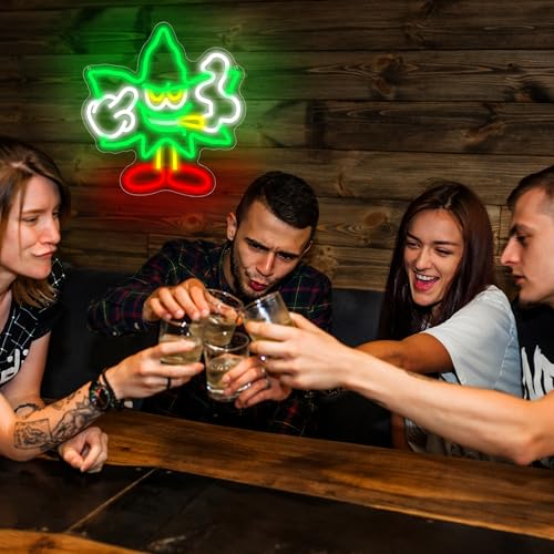 Image of Weed Neon Sign for Wall Decor Green Leaf Neon Light Dimmable Cartoon Neon Light Sign Weed Wall Decor Neon Signs for Man Cave Bedroom Hotel Shop Bar Garage Decor Gifts for Men,Size 13.8 * 13.1in(P044)