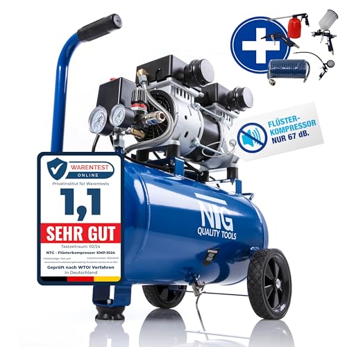 NTG Silent compressor 9 bar | 1470W sterk vermogen | olievrij | bijzonder stil en flexibel inzetbaar met manometer en drukregelaar 24 l en 50 l tank
