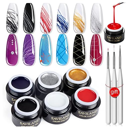 SAVILAND 6 Colors Spider Gel, New Upgraded Matrices Spider Gel with Nail Art Brushes, Nail Designs Gel Paint Wire Drawing Gel Polish for Line (White Black Red Blue Gold Silver)