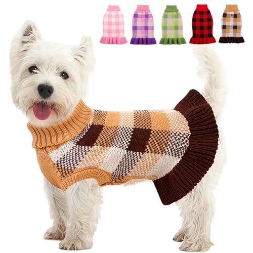 Image of Dog Sweater Dress Plaid Knitwear for Small Medium Dogs Warm Puppy Pet Turtleneck Stretch Pullover Cute Fall Winter Vest Clothes with Leash Hole for Christmas (Coffee, XL)