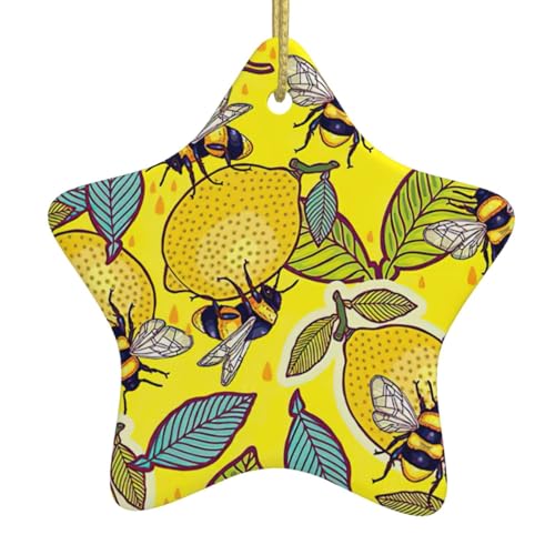 Decoración de árbol de Navidad de cerámica con forma de estrella con limones y abejas, color amarillo