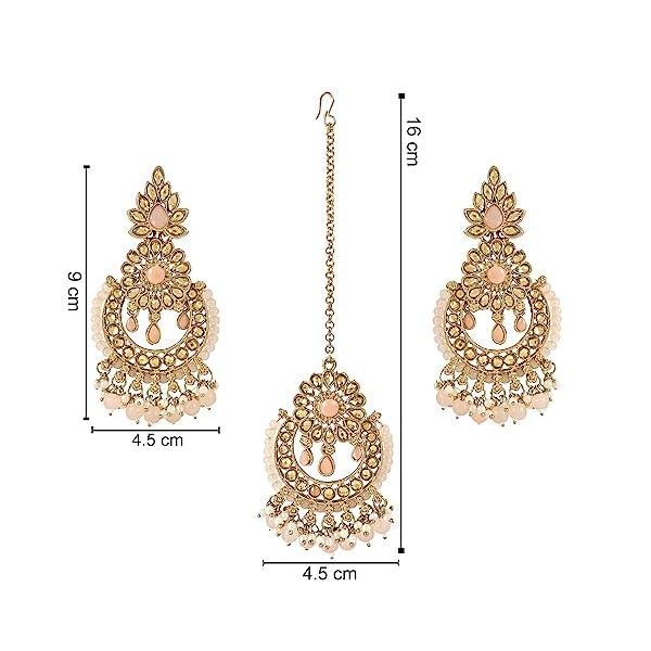 I Jewels Gold Plated Traditional Kundan Pearl Drop Earrings with Maang Tikka Set for Women/Girls - Image 7