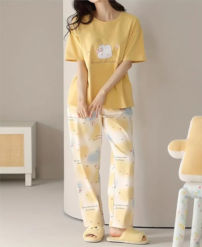 Image of Women's Pajama Set with Top & Pants|| Korean Night Wear|| Loose Fit Home Wear || Lightweight Printed Set || Soft & Comfy Girls & Women