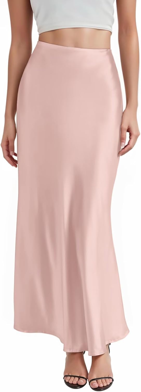 Hybrid & Company Women's Silky Satin Maxi Skirt - Stretch, High Waist, Casual & Office - Made in USA