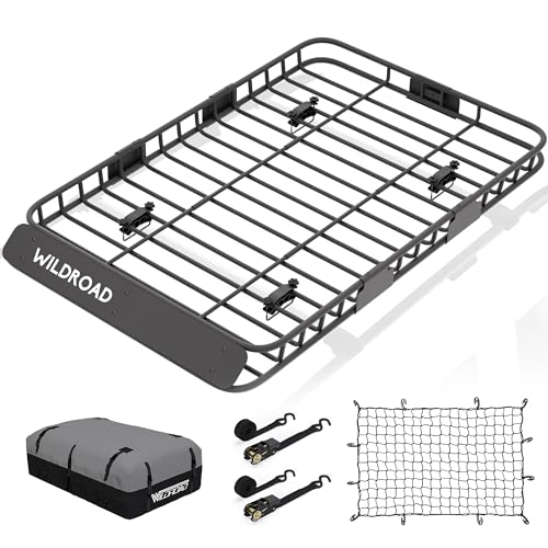 Wildroad Car Roof Cargo Basket Combo of Upgraded 64"x 39"x 4" Roof Rack Cargo Basket with 21 Cubic ft Waterproof Cargo Bag, Cargo Net, Ratchet Straps and Anti-Rust Sealant